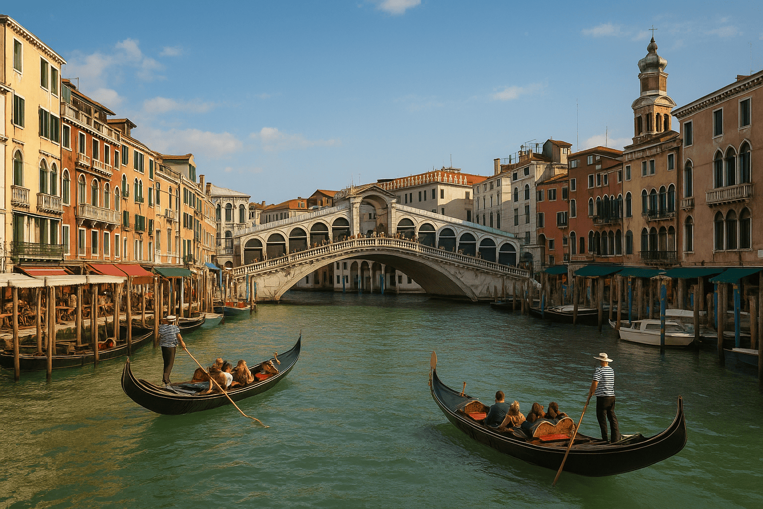 Venice Grand Canal with Rialto Bridge and gondolas